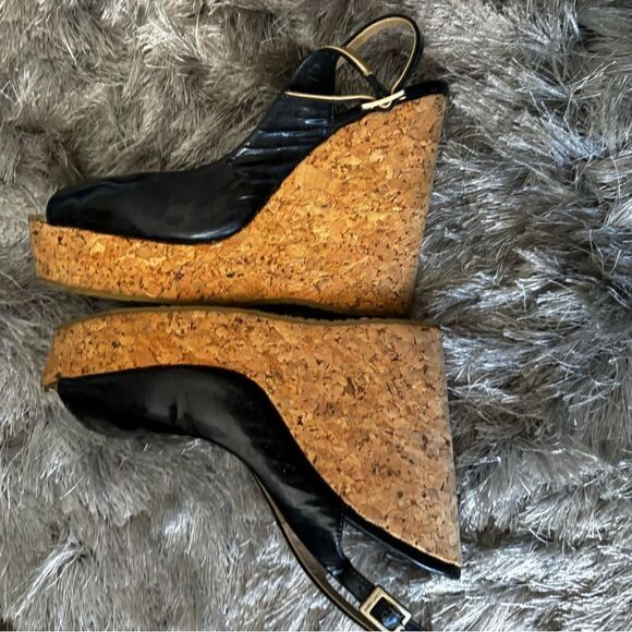 JIMMY CHOO cork wedge slingback sandals classic black dress shoes open toe y2k - Picture 2 of 7